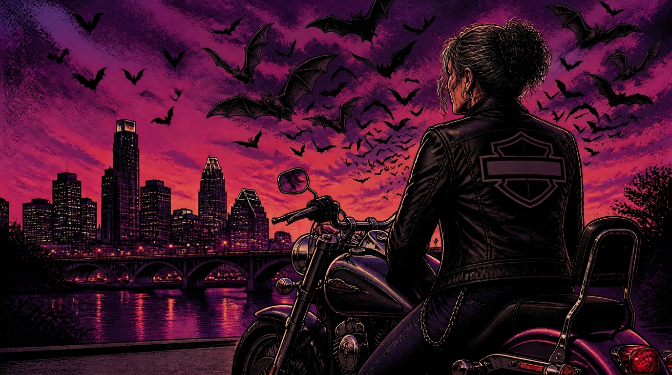 Liz Brink on a Harley, stylized illustration