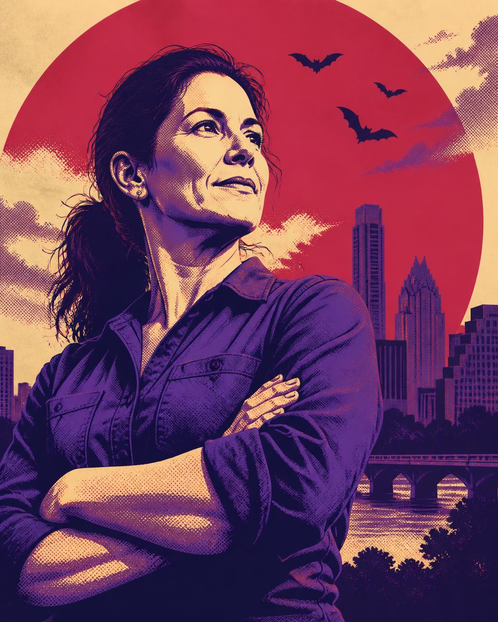 Illustrated portrait of Liz Brink against the Austin skyline
