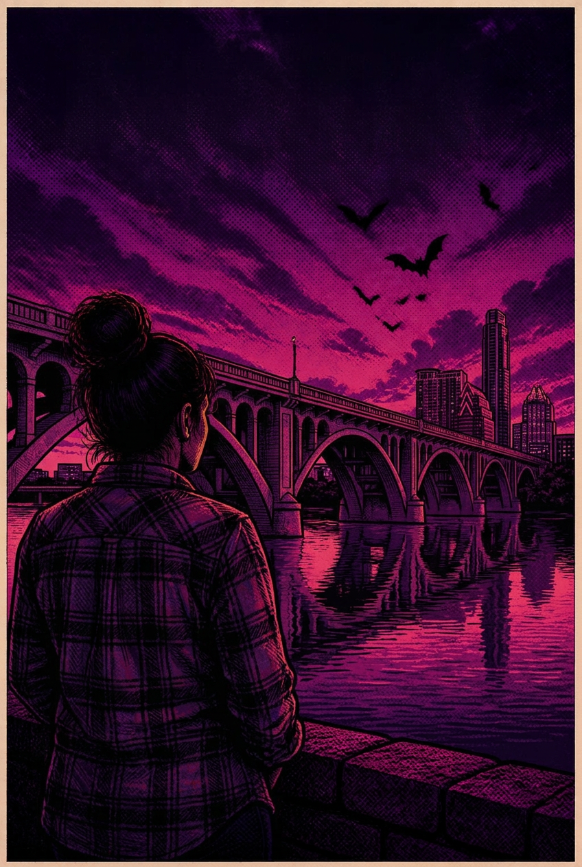 Illustrated portrait of Liz Brink against the Austin skyline at sunset